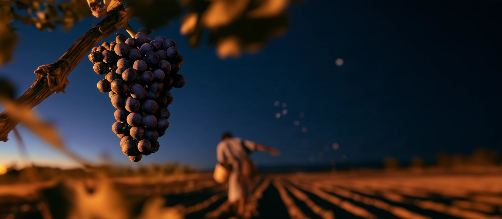 A vineyard under a deep blue sky, with the first light low on the horizon. A cluster of dark grapes hangs from the vine in front, catching the warm light, and further down the rows a figure in a robe scatters seed from a bag, with a few points of light in the air.